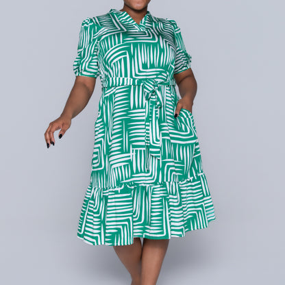 Plus Size Printed Green/White Tiered Tunic