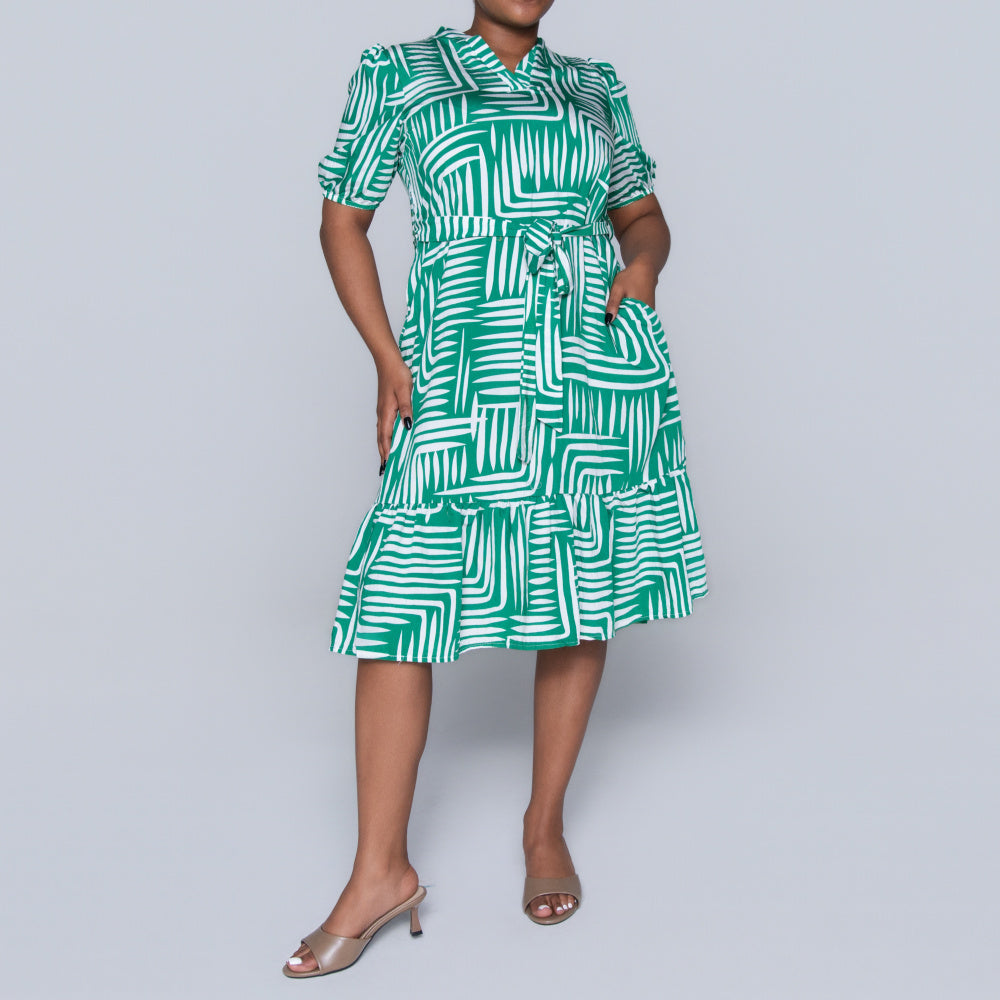 Plus Size Printed Green/White Tiered Tunic