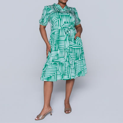 Plus Size Printed Green/White Tiered Tunic