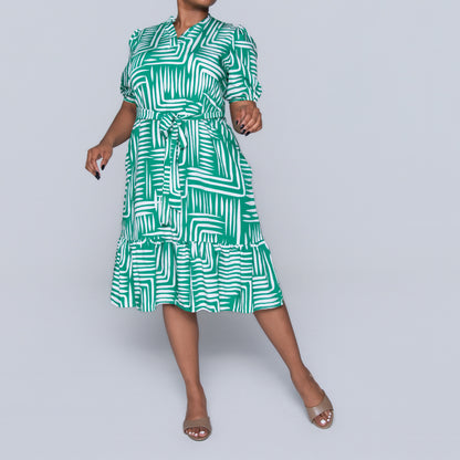 Plus Size Printed Green/White Tiered Tunic