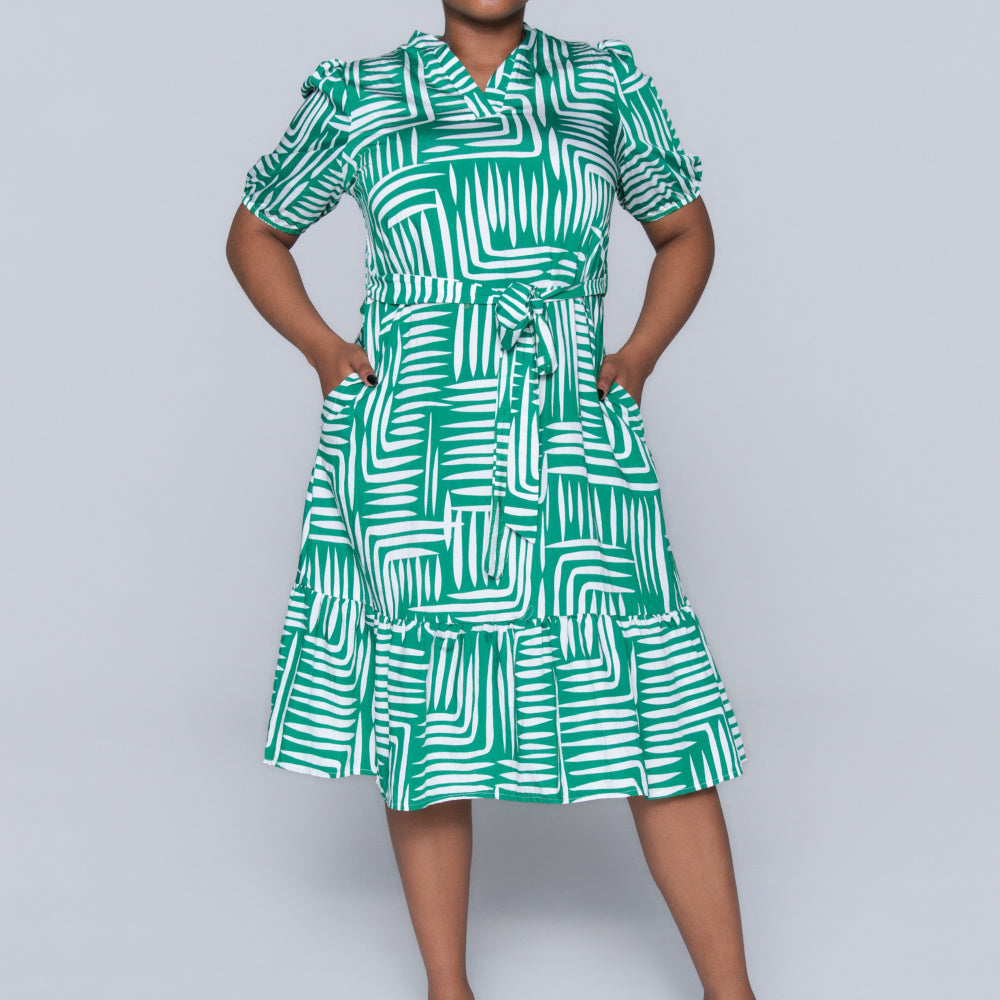 Plus Size Printed Green/White Tiered Tunic
