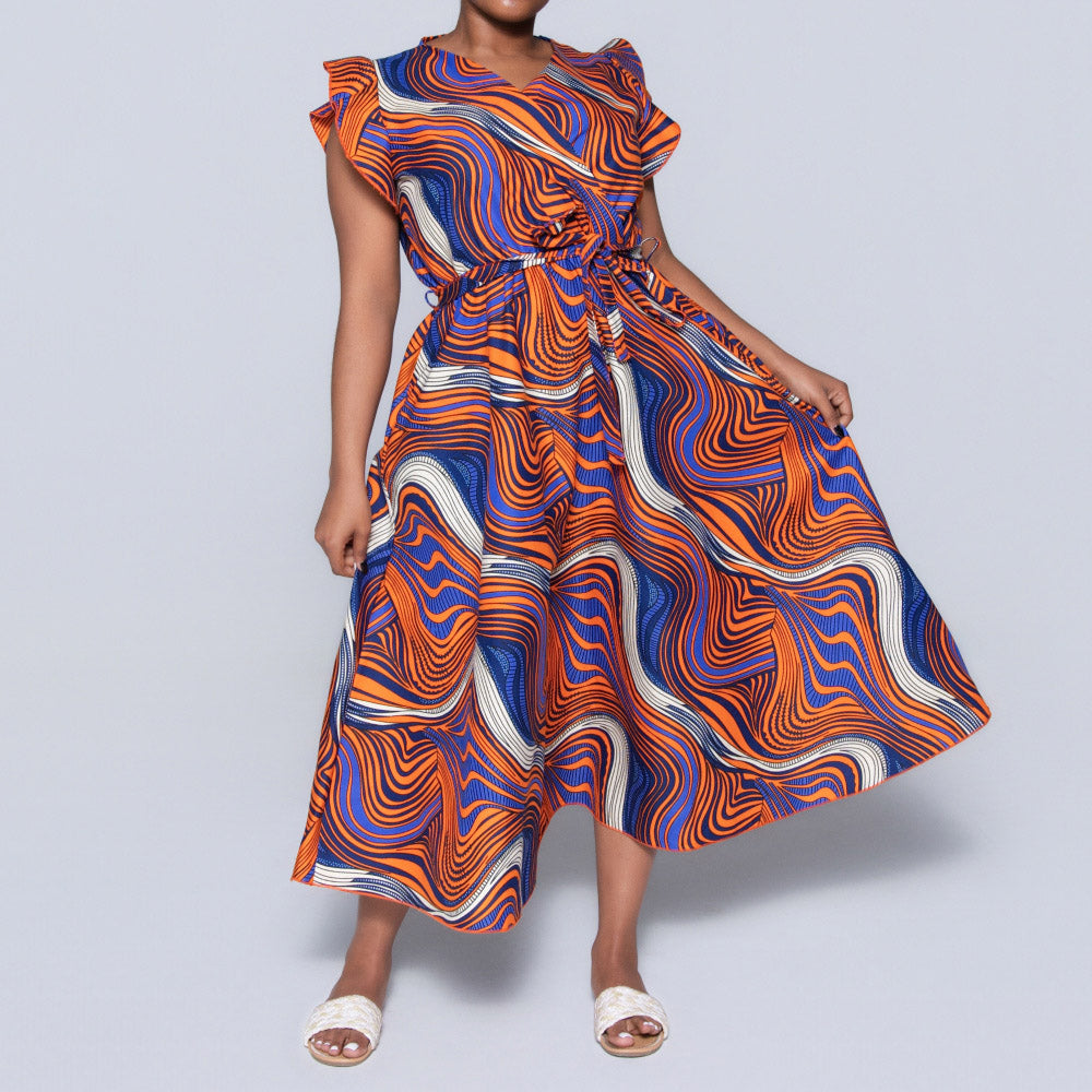 Plus Size Orange Ethnic Print Dress