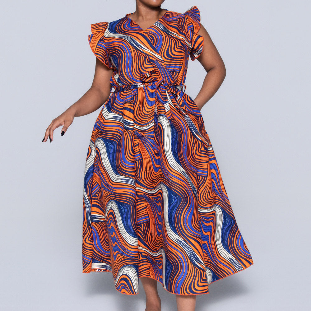 Plus Size Orange Ethnic Print Dress