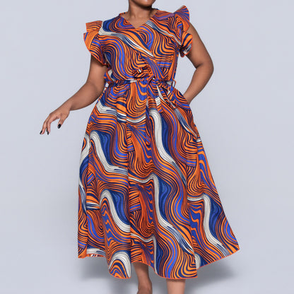 Plus Size Orange Ethnic Print Dress