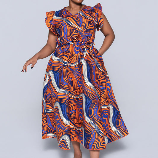 Plus Size Orange Ethnic Print Dress
