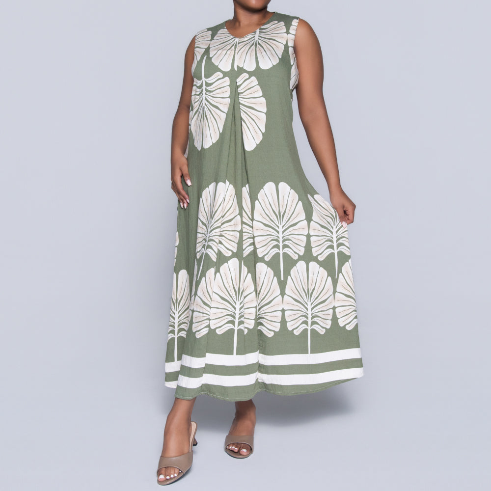 Olive Sleeveless Printed Plus Size Dress