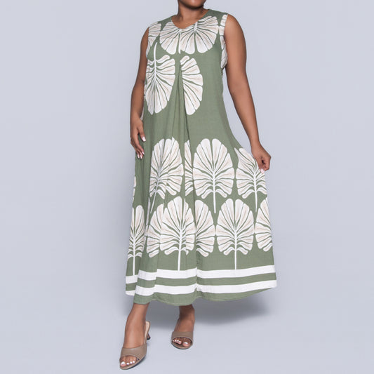Olive Sleeveless Printed Plus Size Dress