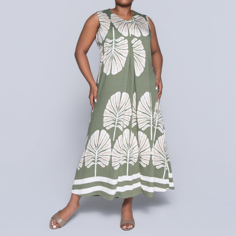 Olive Sleeveless Printed Plus Size Dress