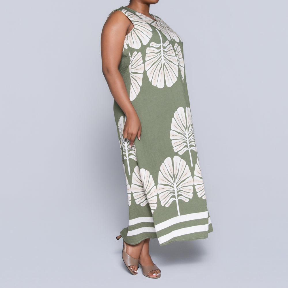 Olive Sleeveless Printed Plus Size Dress