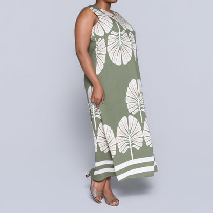 Olive Sleeveless Printed Plus Size Dress