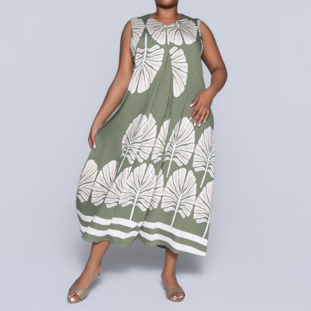 Olive Sleeveless Printed Plus Size Dress