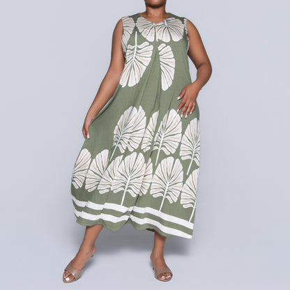 Olive Sleeveless Printed Plus Size Dress