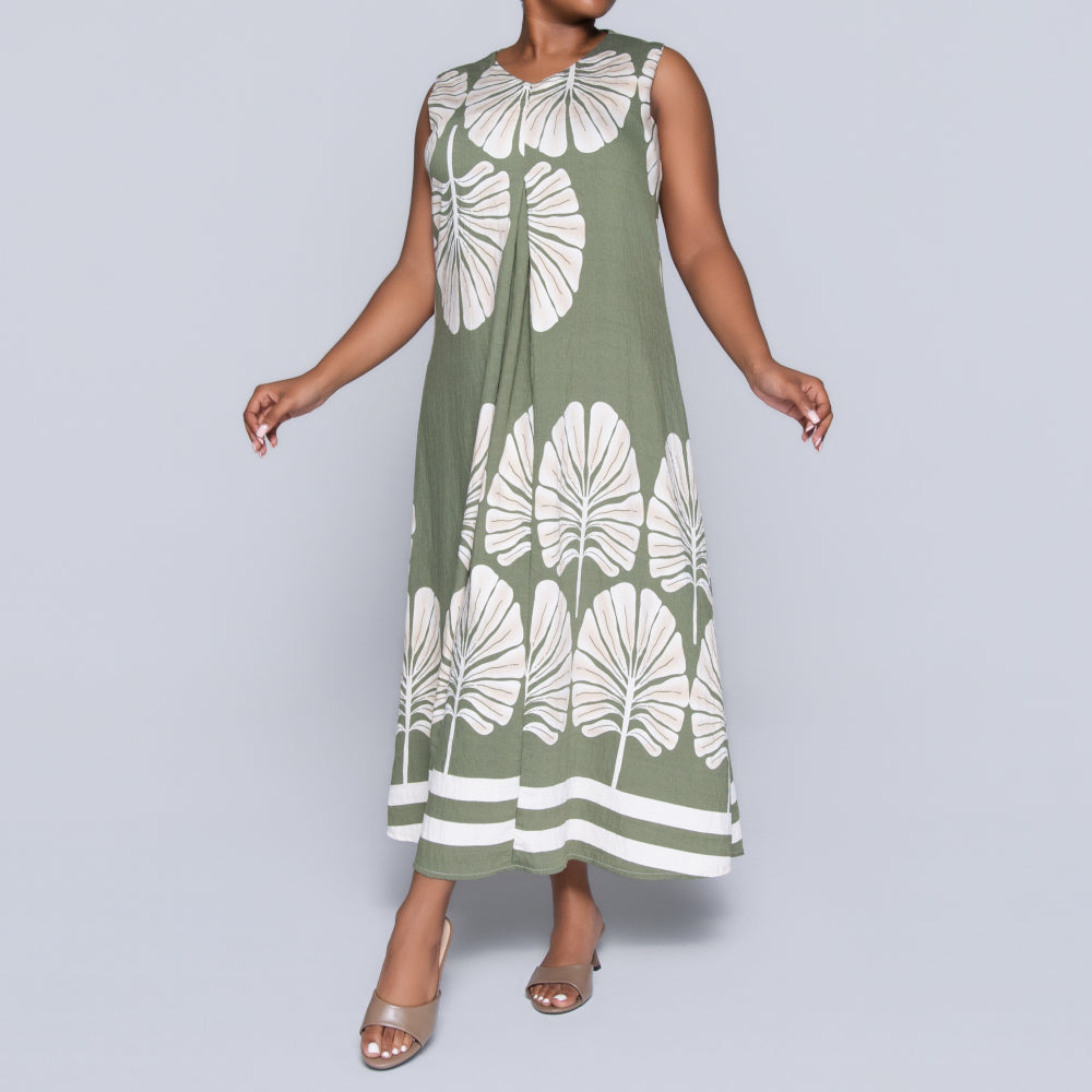Olive Sleeveless Printed Plus Size Dress