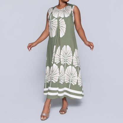 Olive Sleeveless Printed Plus Size Dress