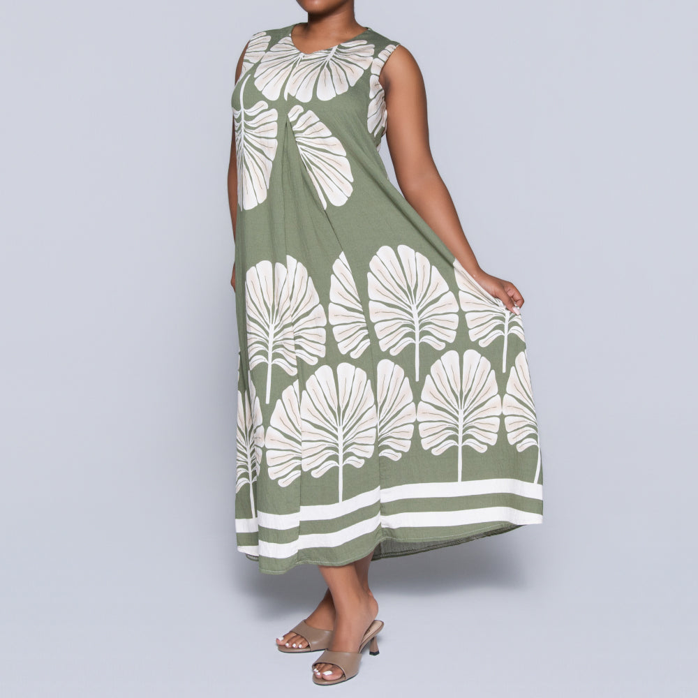 Olive Sleeveless Printed Plus Size Dress