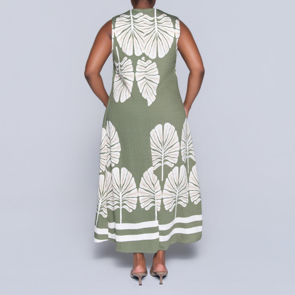 Olive Sleeveless Printed Plus Size Dress