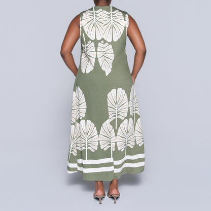 Olive Sleeveless Printed Plus Size Dress