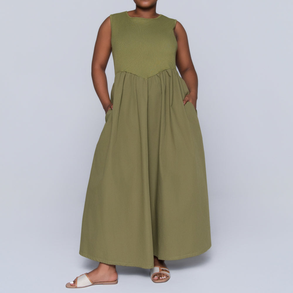 Plus Size Olive Ribbed Contrast Dress