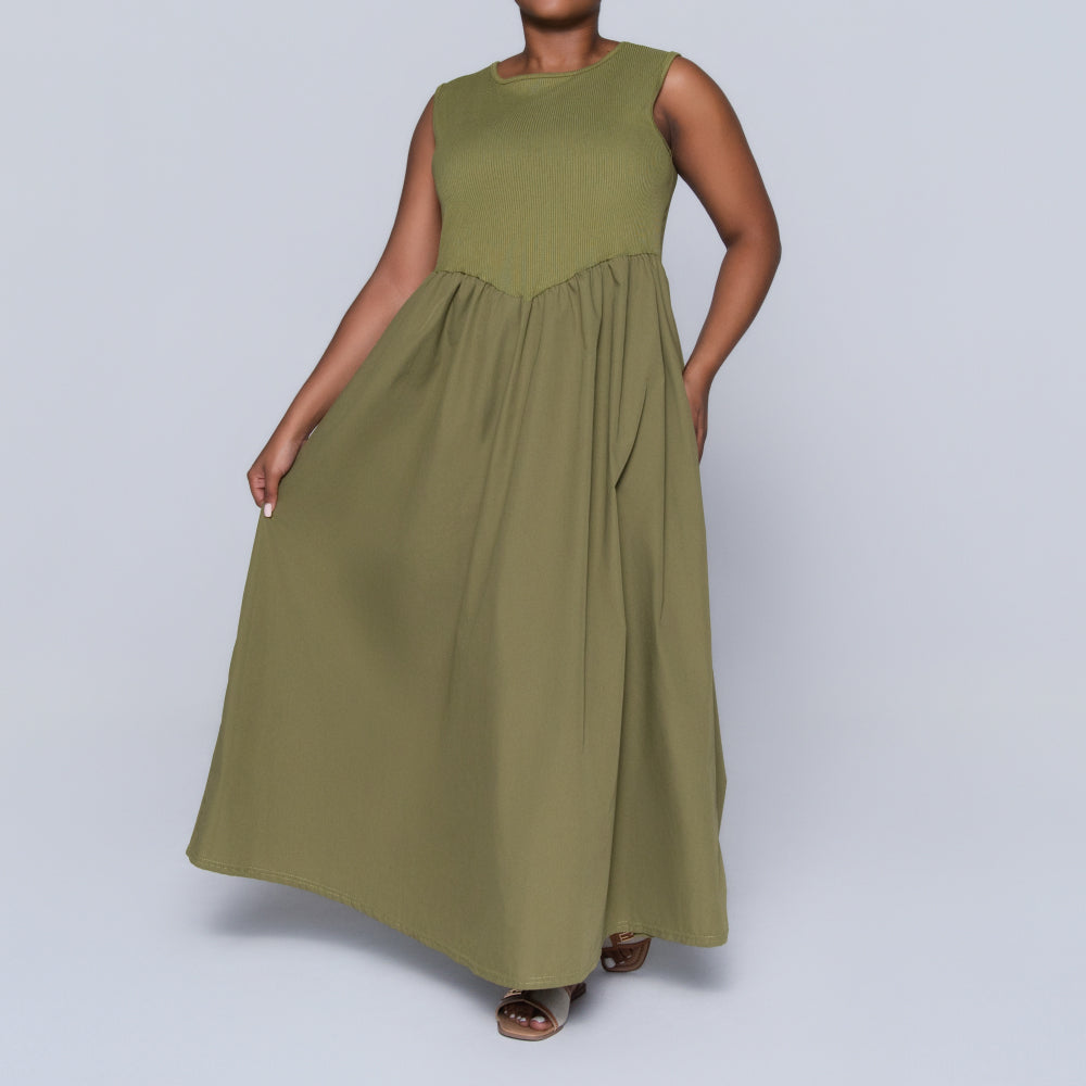 Plus Size Olive Ribbed Contrast Dress