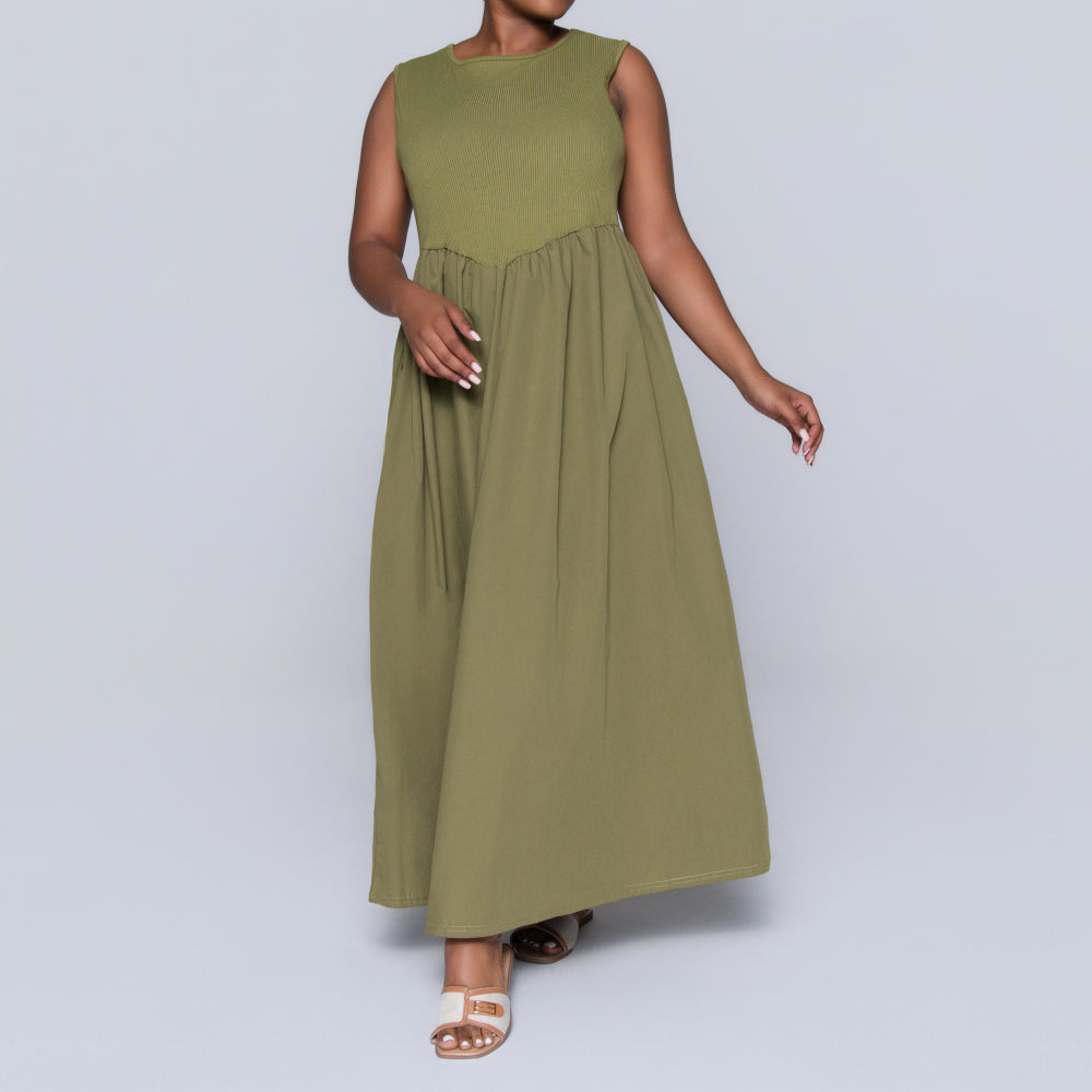 Plus Size Olive Ribbed Contrast Dress