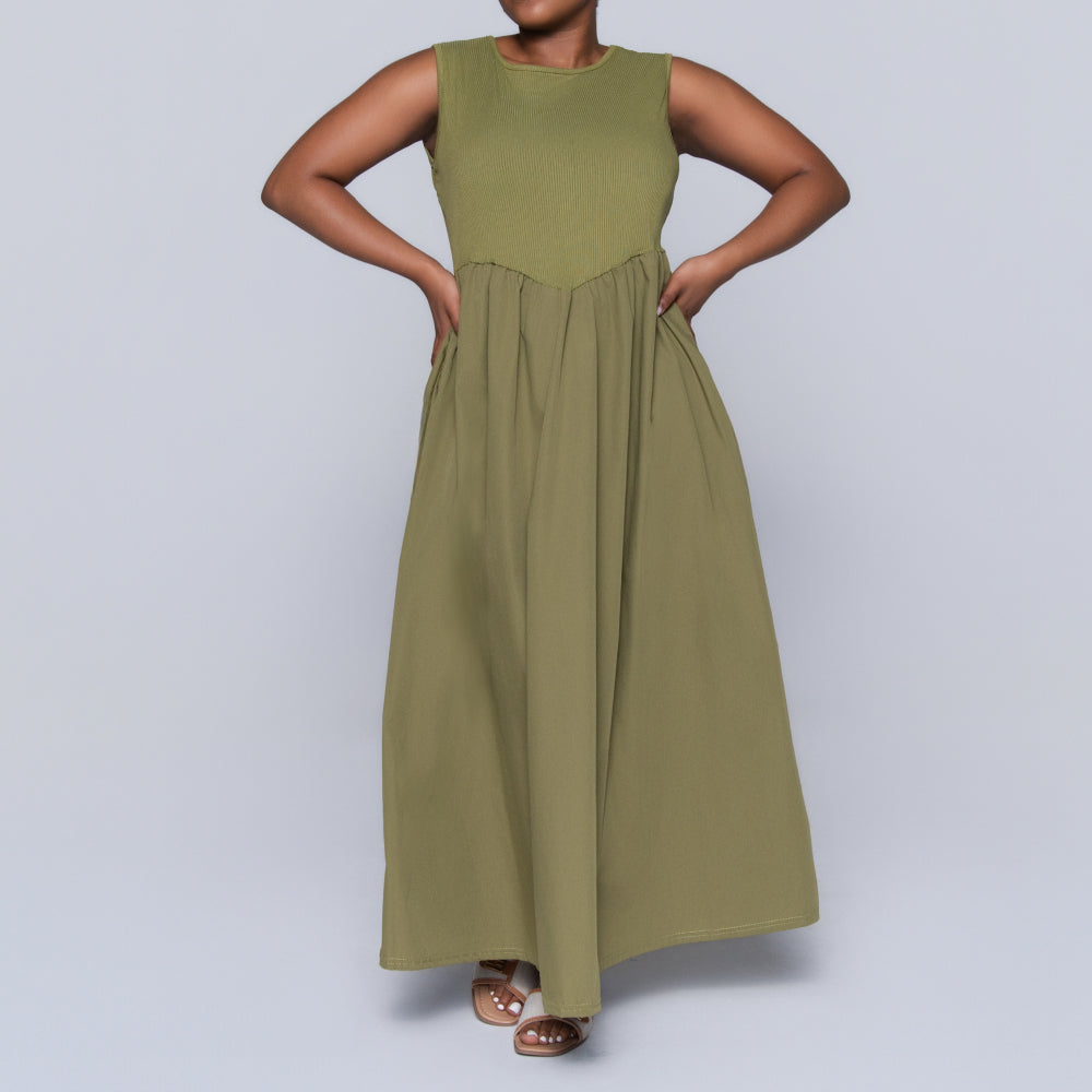 Plus Size Olive Ribbed Contrast Dress