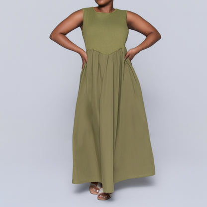 Plus Size Olive Ribbed Contrast Dress