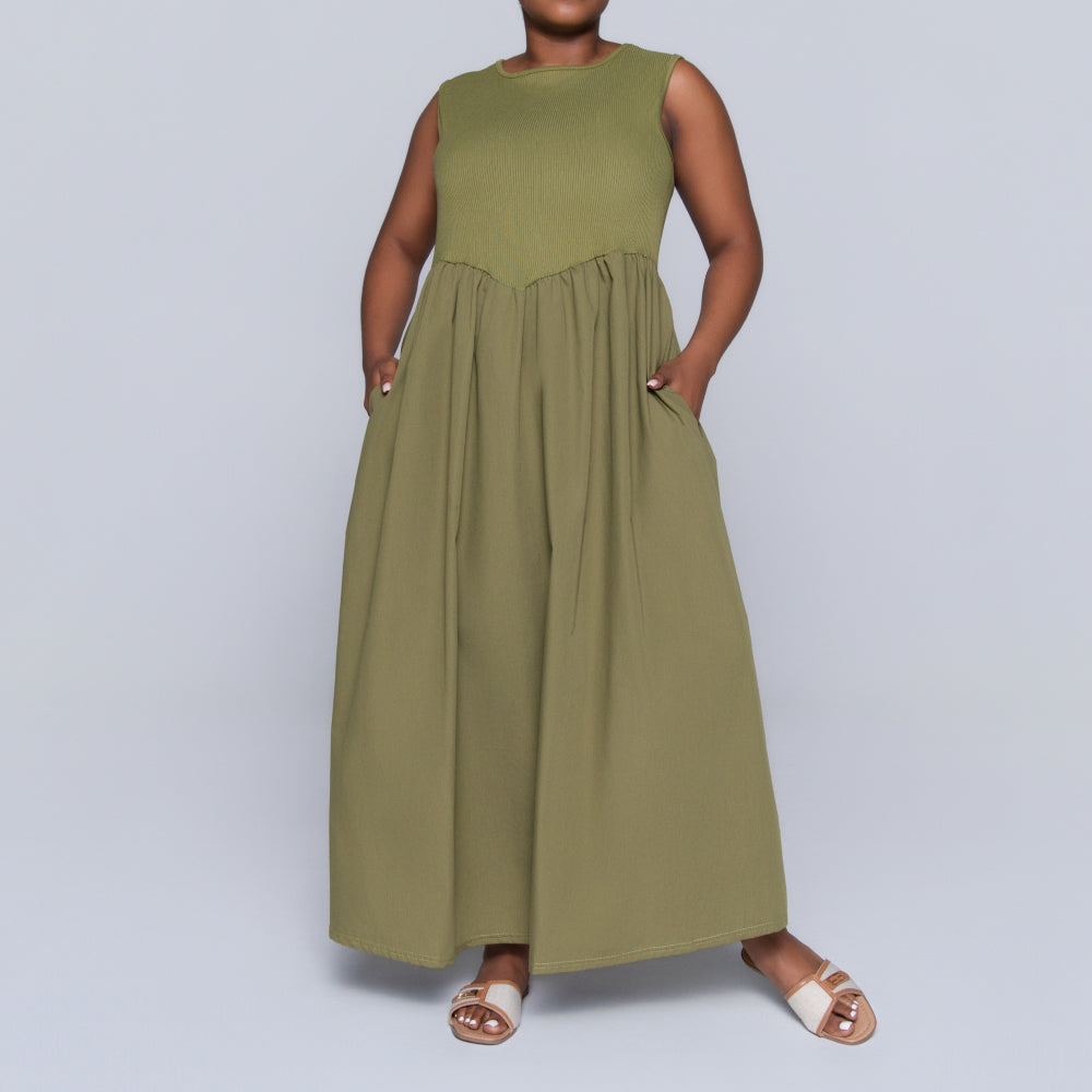 Plus Size Olive Ribbed Contrast Dress
