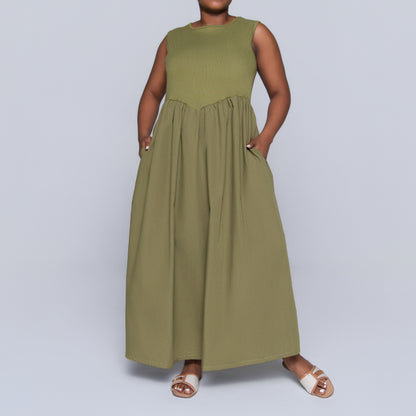 Plus Size Olive Ribbed Contrast Dress