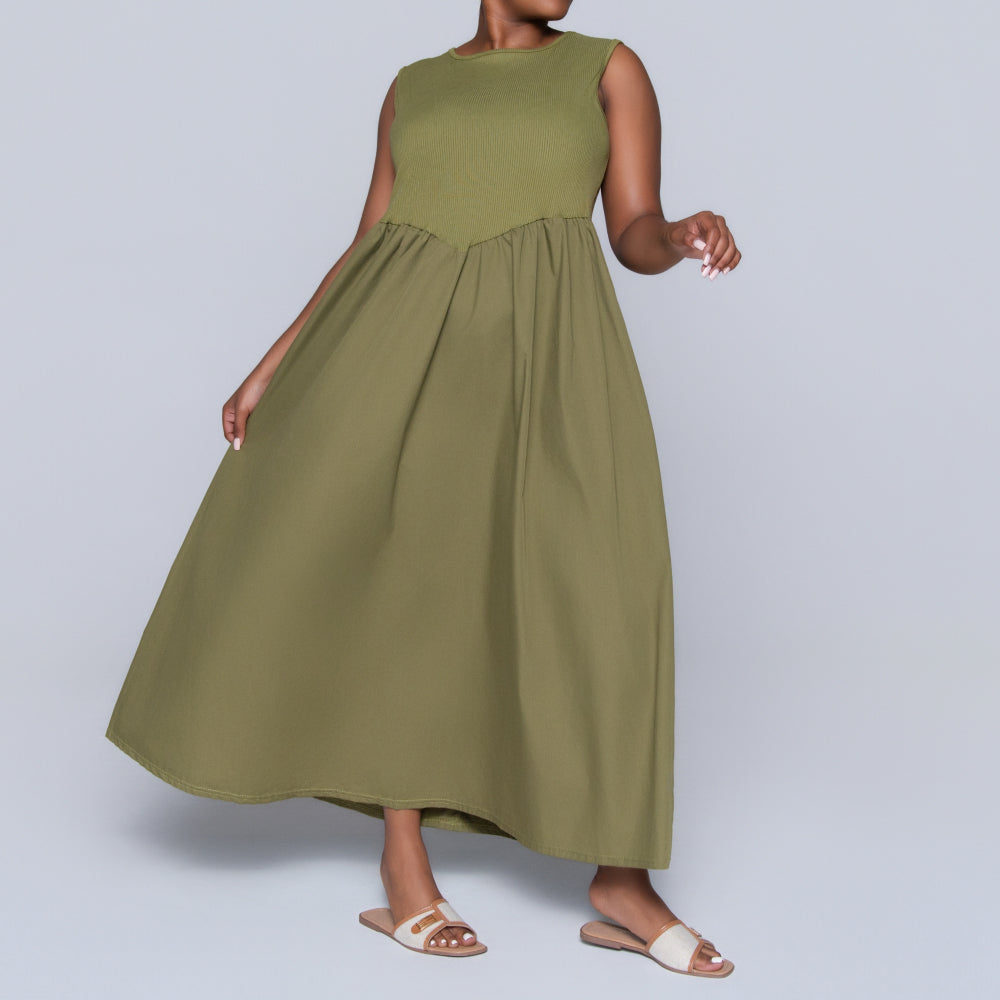 Plus Size Olive Ribbed Contrast Dress