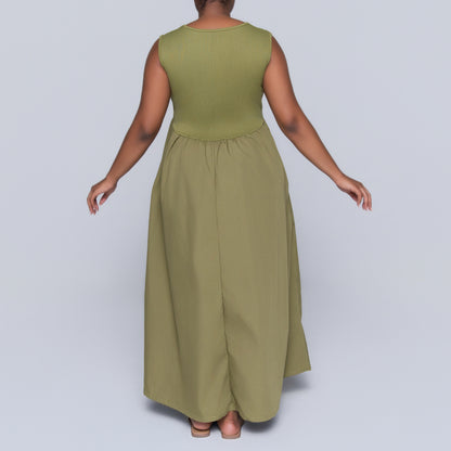 Plus Size Olive Ribbed Contrast Dress
