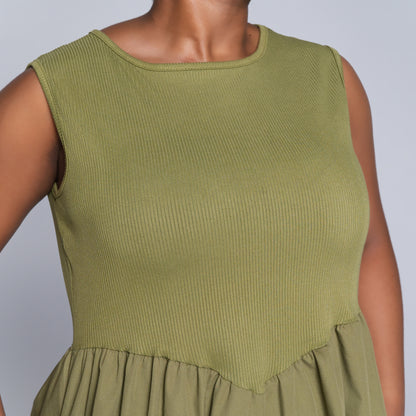 Plus Size Olive Ribbed Contrast Dress