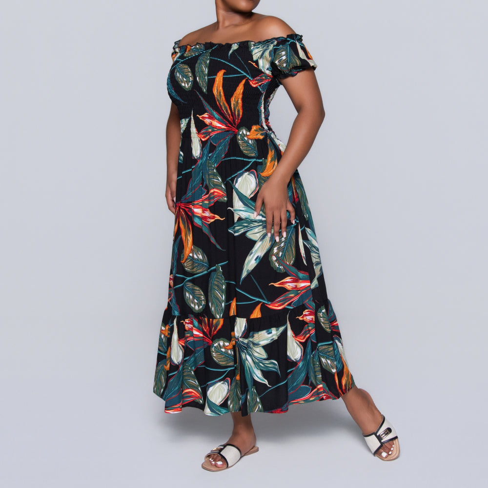 Plus Size Printed Smocking Dress