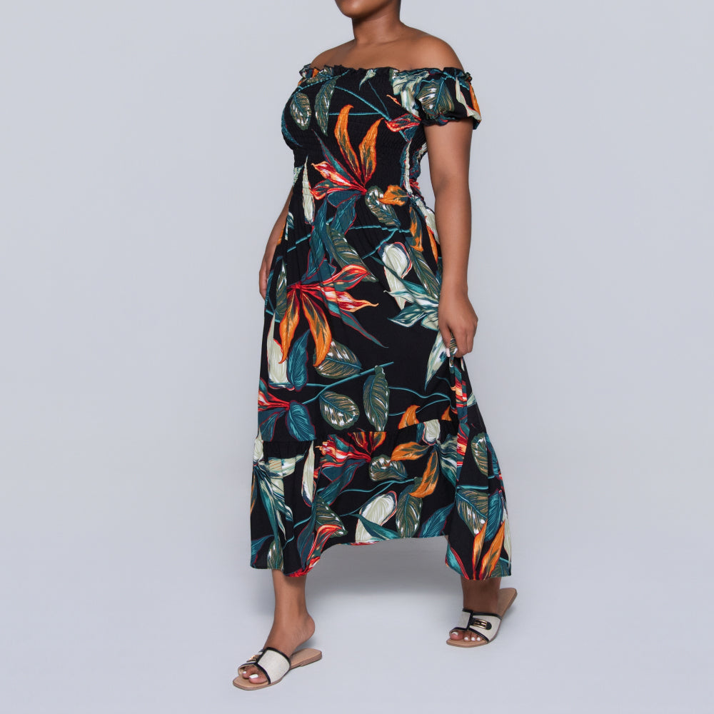 Plus Size Printed Smocking Dress