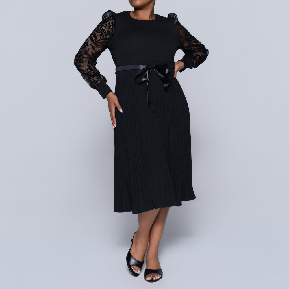 Plus Size Black Long Sleeve Pleated Dress