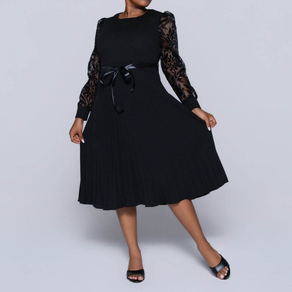 Plus Size Black Long Sleeve Pleated Dress