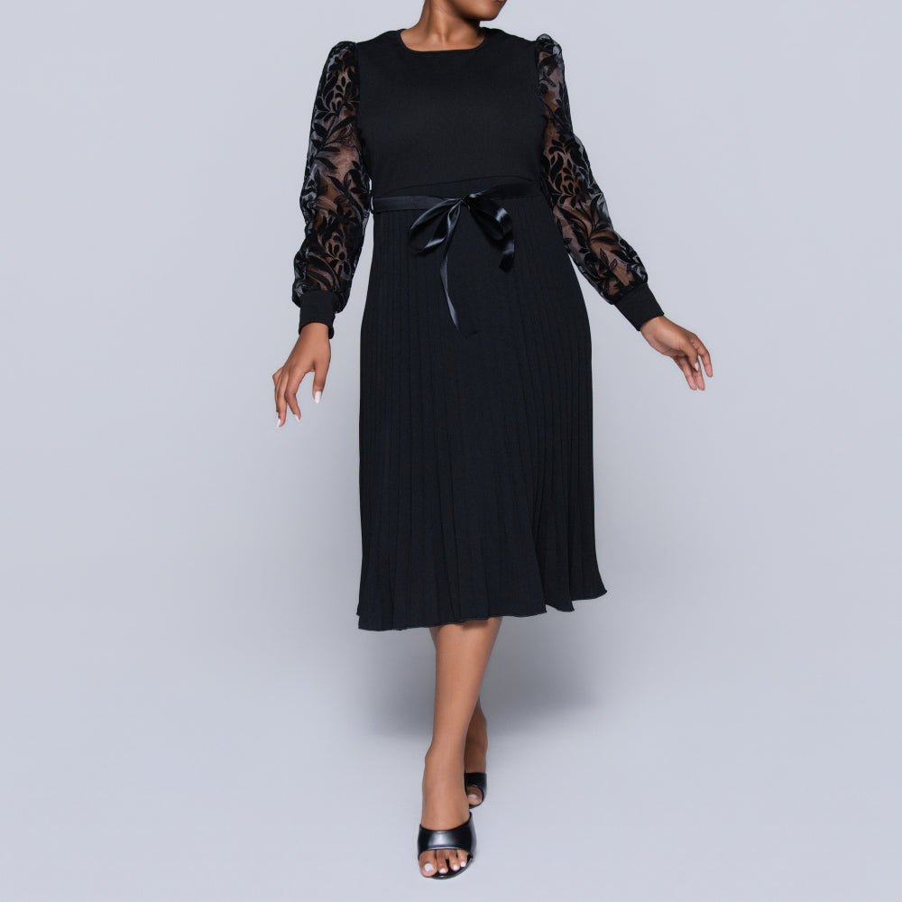 Plus Size Black Long Sleeve Pleated Dress