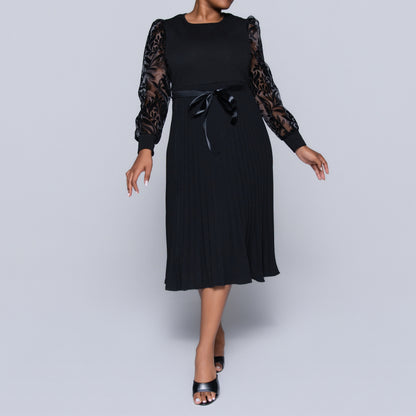 Plus Size Black Long Sleeve Pleated Dress