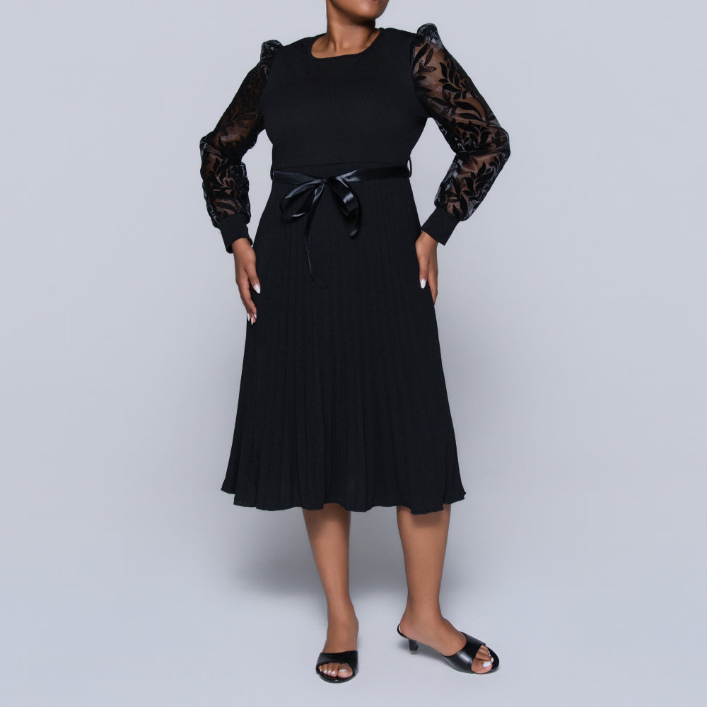 Plus Size Black Long Sleeve Pleated Dress