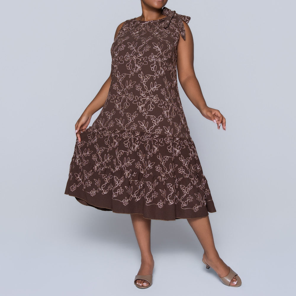 Plus Size Sleeveless Choc/Stone Embroidered Tunic