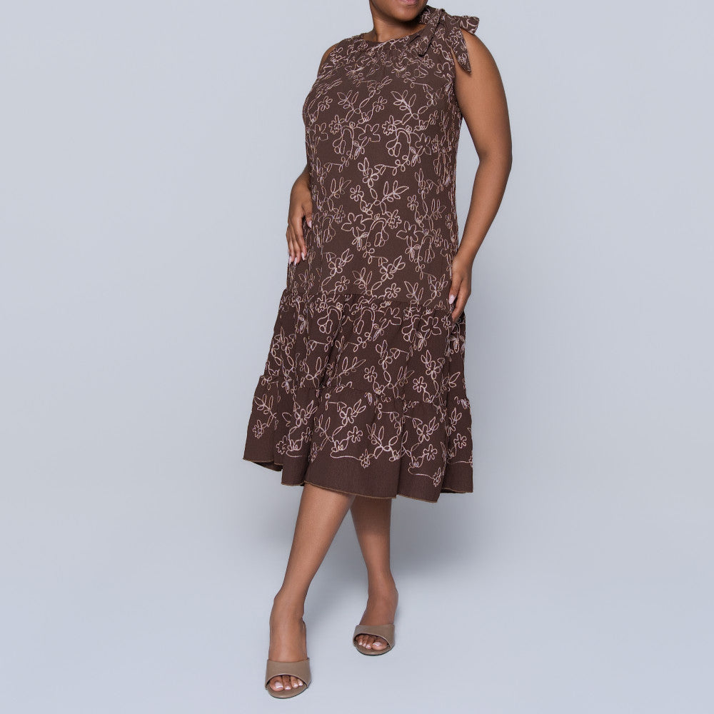 Plus Size Sleeveless Choc/Stone Embroidered Tunic
