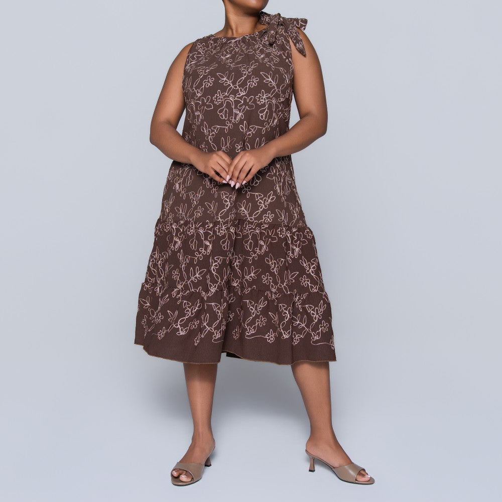 Plus Size Sleeveless Choc/Stone Embroidered Tunic