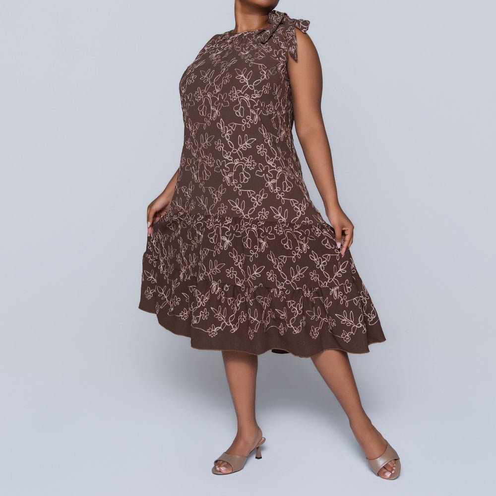 Plus Size Sleeveless Choc/Stone Embroidered Tunic