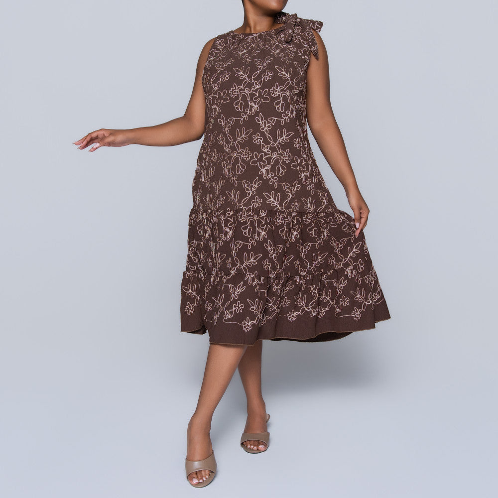 Plus Size Sleeveless Choc/Stone Embroidered Tunic