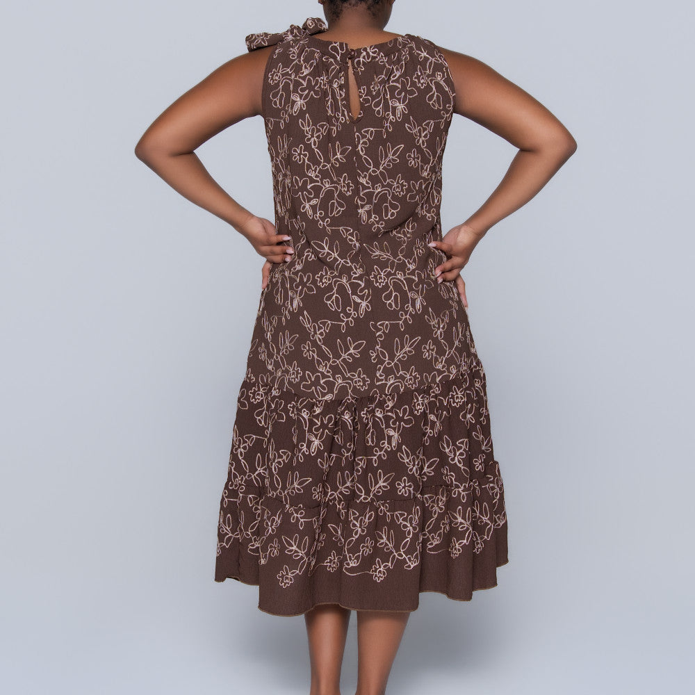 Plus Size Sleeveless Choc/Stone Embroidered Tunic