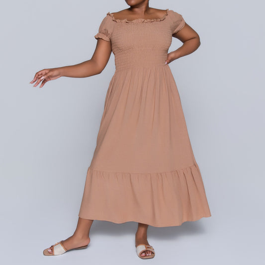 Plus Size Viscose Camel Smocking Dress