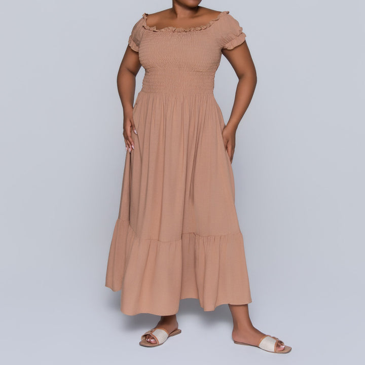 Plus Size Viscose Camel Smocking Dress