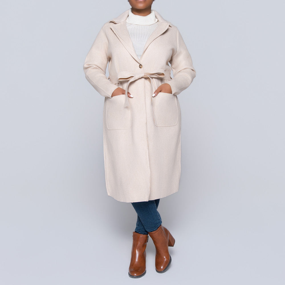 Oatmeal  Long Sleeve Plus Size Melton Jacket