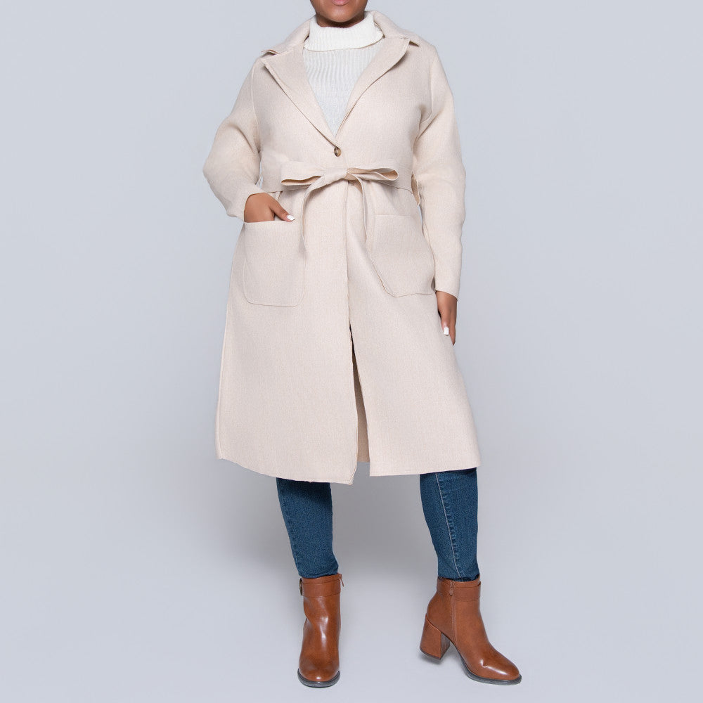 Oatmeal  Long Sleeve Plus Size Melton Jacket