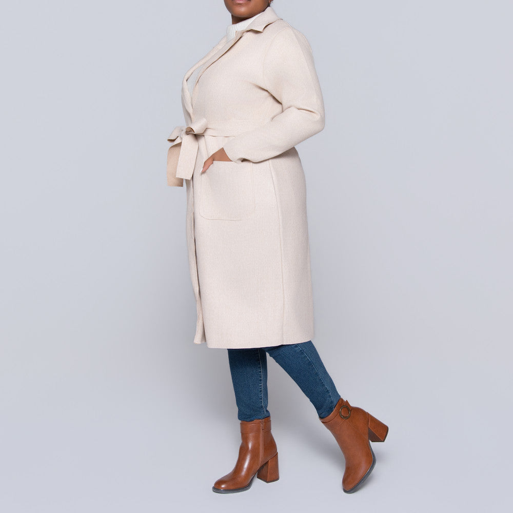 Oatmeal  Long Sleeve Plus Size Melton Jacket