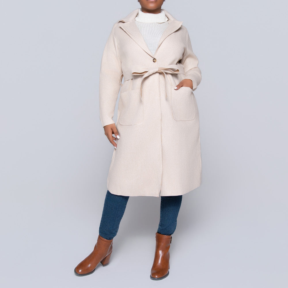 Oatmeal  Long Sleeve Plus Size Melton Jacket